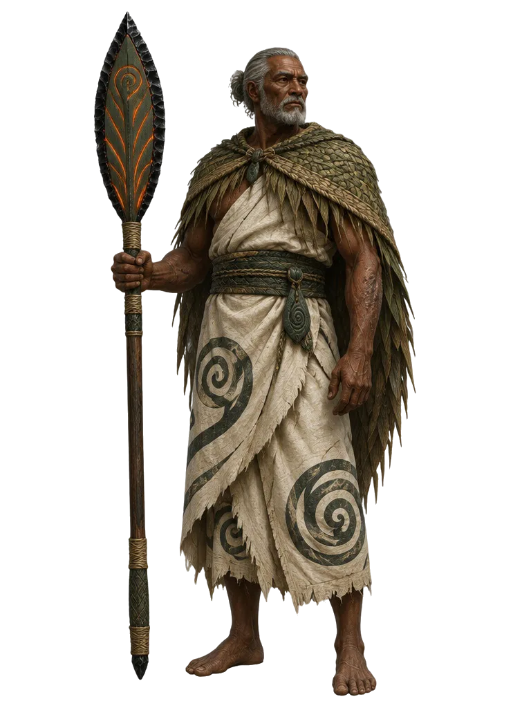 Hale, lelaki tua berjanggut kelabu dengan jubah anyaman dan kain kulit kayu bermotif spiral, memegang Emberoar tegak