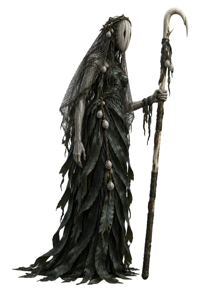 The Kelp Bride, sosok kurus terbungkus pita rumput laut dengan topeng kayu apung, memegang ganco tulang