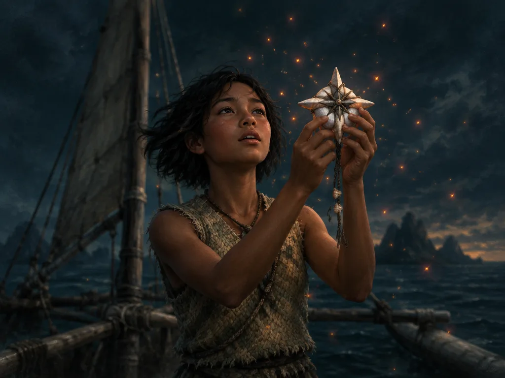 Wren mengangkat kompas bintang dari kerang ke langit senja, percikan bara melayang ke arahnya