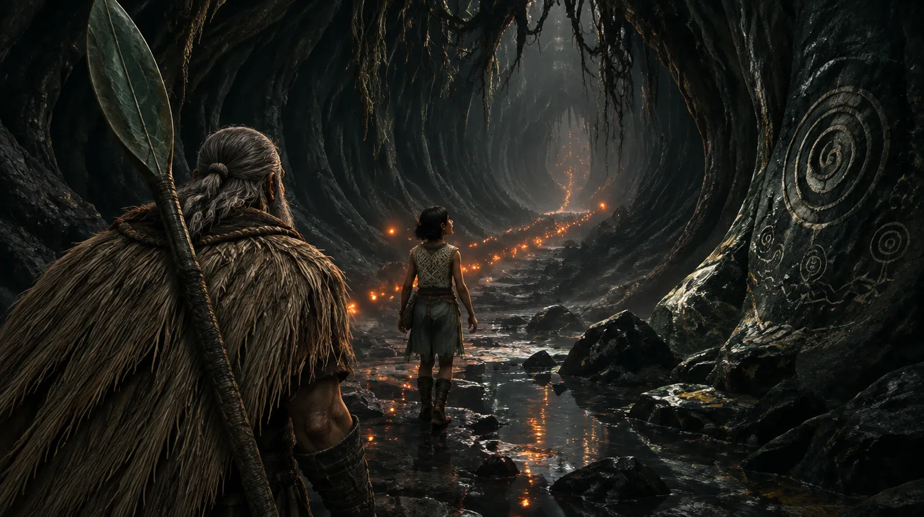 Di lorong lava gelap, Wren berjalan di depan sambil bernyanyi, percikan bara mengalir menerangi jalan, Hale mengikuti dari belakang