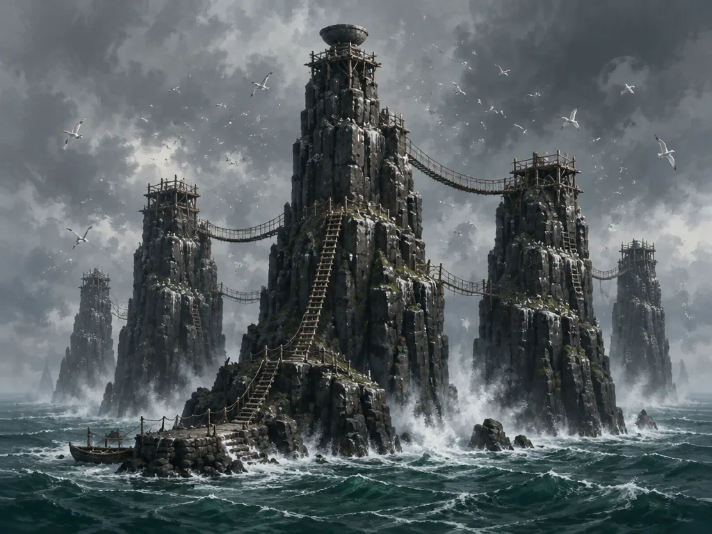 Tiang batu basal di laut berombak, dihubungkan jembatan tali dan tangga papan, dikelilingi camar