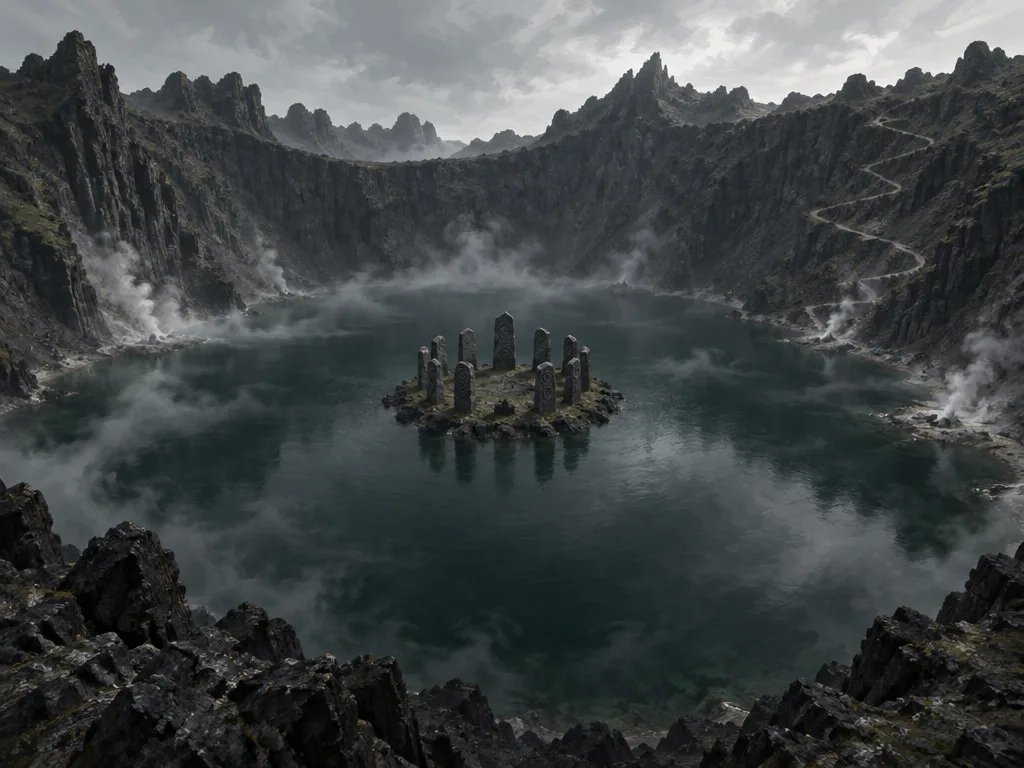 Danau kawah gelap dengan lingkaran batu berdiri di pulau kecil di tengahnya