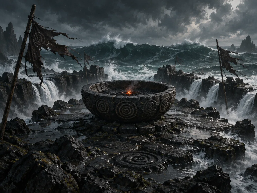 Mangkuk tungku batu berukir spiral di puncak kaldera saat badai, satu bara kecil menyala di dalamnya